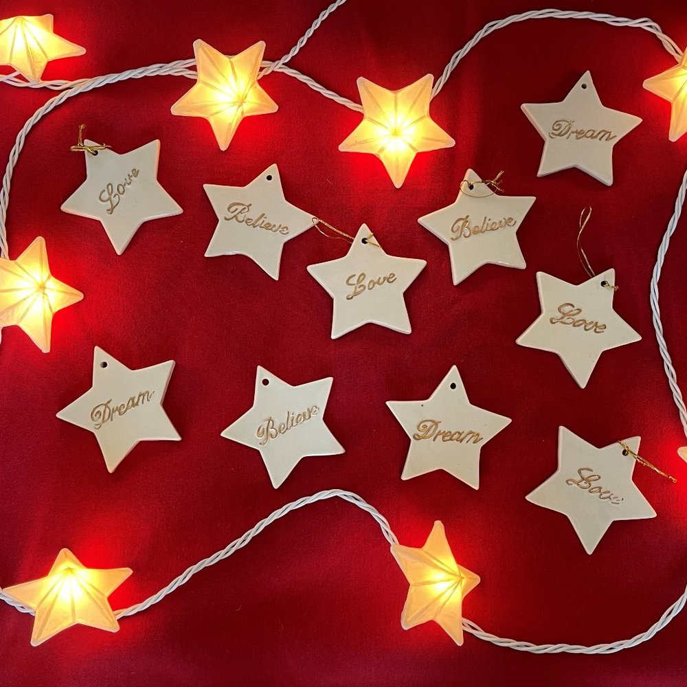 Ceramic Star Christmas Ornaments Lot - Dream, Believe, Love - White with Gold